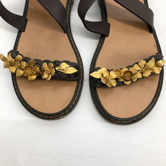 Valentino Garavani brown leather braided strappy sandals gold flower embroidery - Picture 10 of 14